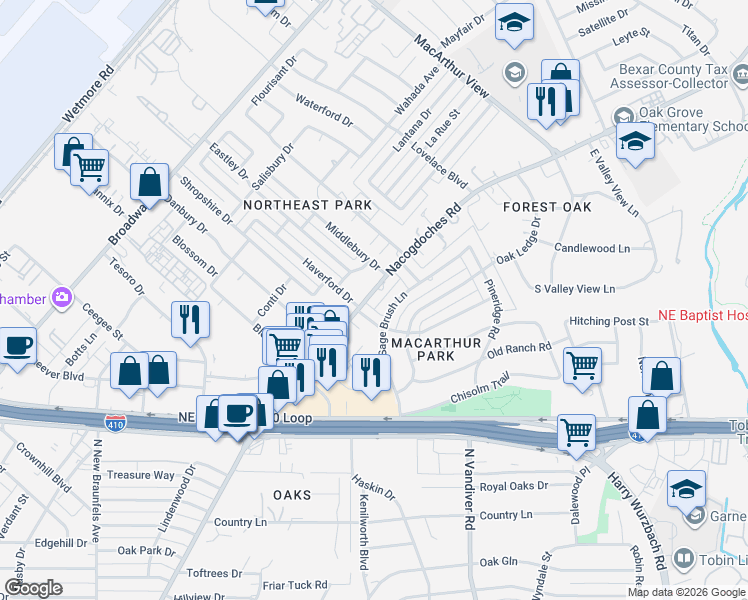 map of restaurants, bars, coffee shops, grocery stores, and more near 2734 Nacogdoches Road in San Antonio