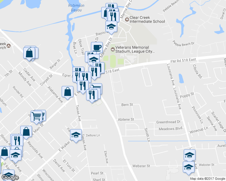 map of restaurants, bars, coffee shops, grocery stores, and more near 2365 Saint Christopher Avenue in League City
