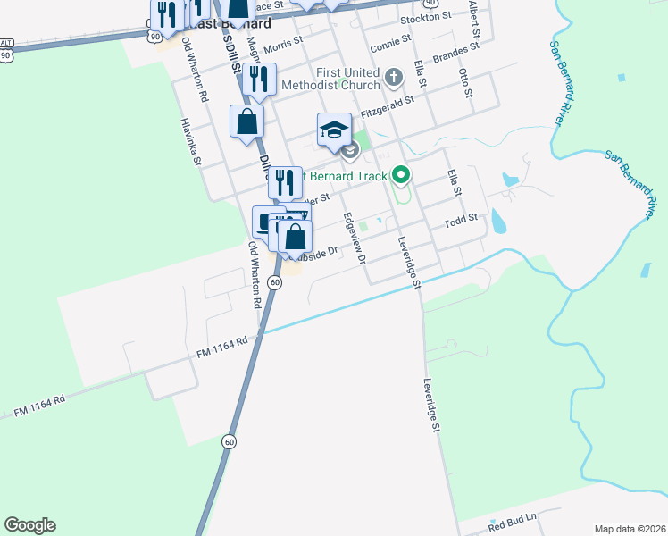 map of restaurants, bars, coffee shops, grocery stores, and more near 837 Clubside Drive in East Bernard