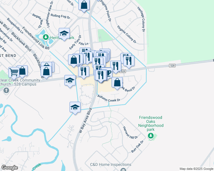 map of restaurants, bars, coffee shops, grocery stores, and more near 3135 FM 528 Road in Friendswood