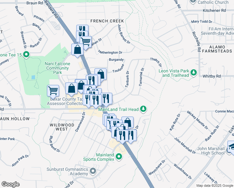 map of restaurants, bars, coffee shops, grocery stores, and more near 4427 Jack Bean Street in San Antonio