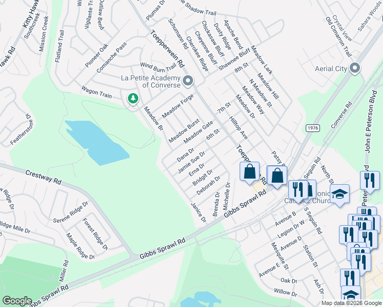 map of restaurants, bars, coffee shops, grocery stores, and more near 704 Dana Drive in Converse