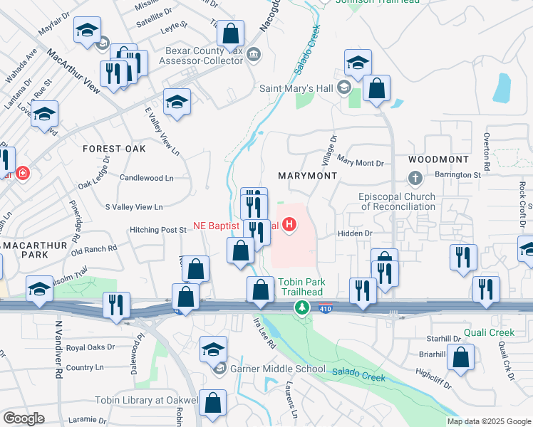 map of restaurants, bars, coffee shops, grocery stores, and more near 9210 Marymont Park in San Antonio