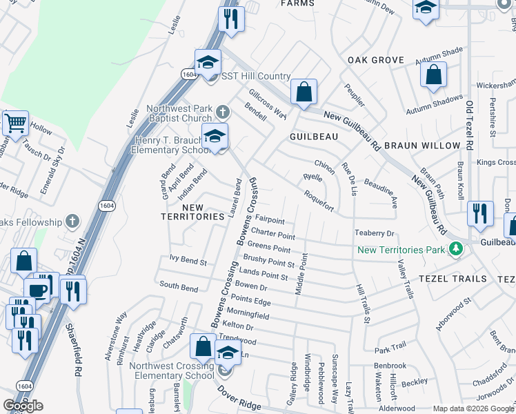 map of restaurants, bars, coffee shops, grocery stores, and more near 9427 Grace Point in San Antonio
