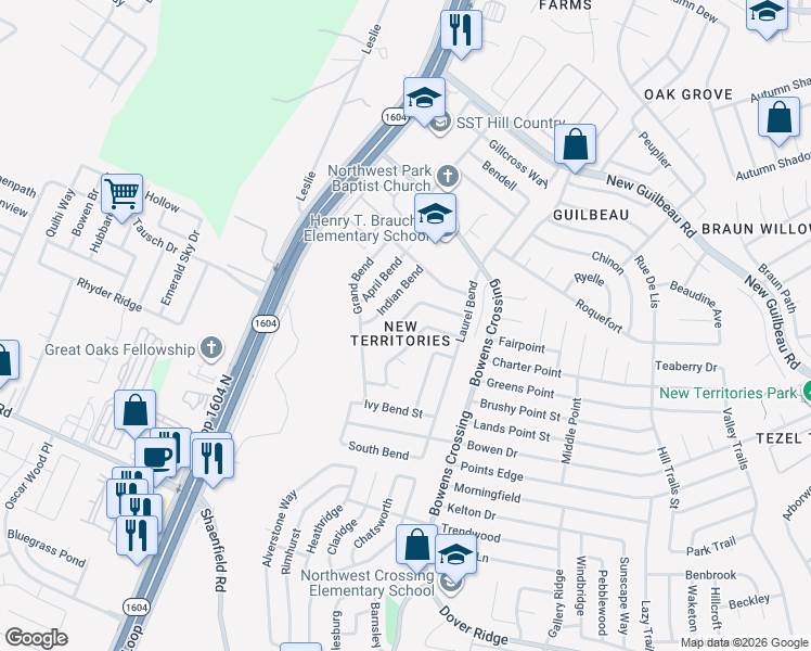 map of restaurants, bars, coffee shops, grocery stores, and more near 8022 Indian Bend in San Antonio