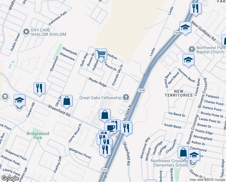 map of restaurants, bars, coffee shops, grocery stores, and more near 8606 Emerald Sky Drive in San Antonio