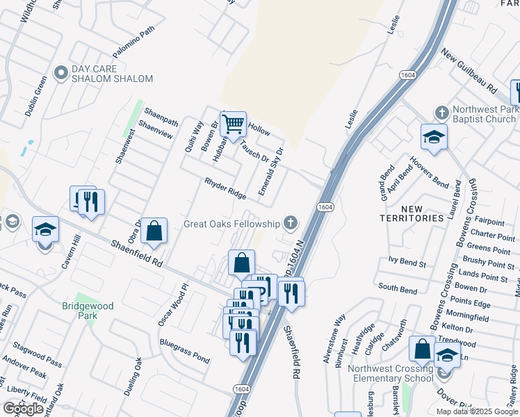 map of restaurants, bars, coffee shops, grocery stores, and more near 8606 Emerald Sky Drive in San Antonio
