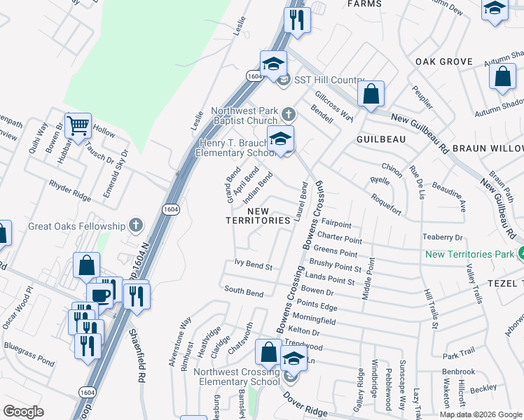 map of restaurants, bars, coffee shops, grocery stores, and more near 8022 Indian Bend in San Antonio