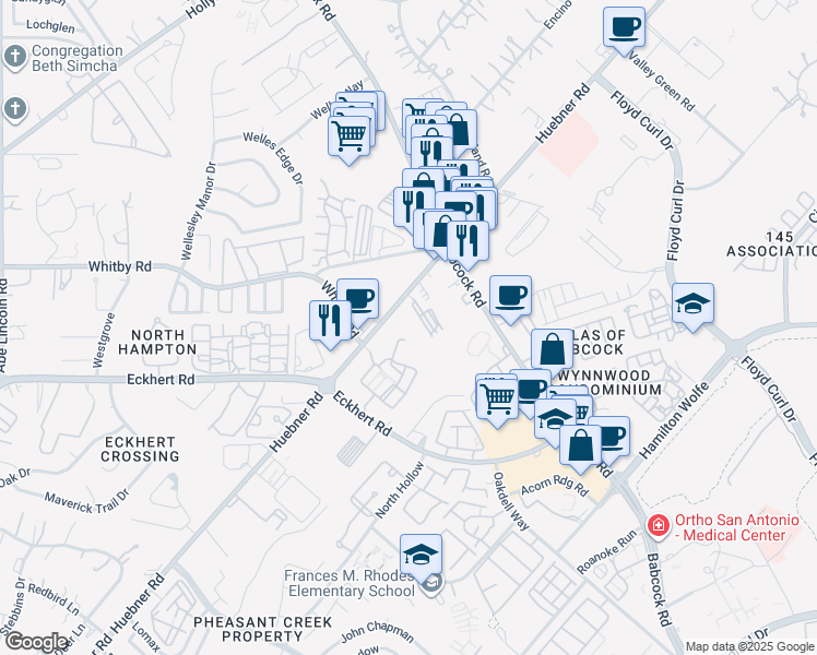 map of restaurants, bars, coffee shops, grocery stores, and more near 8728 Huebner Road in San Antonio