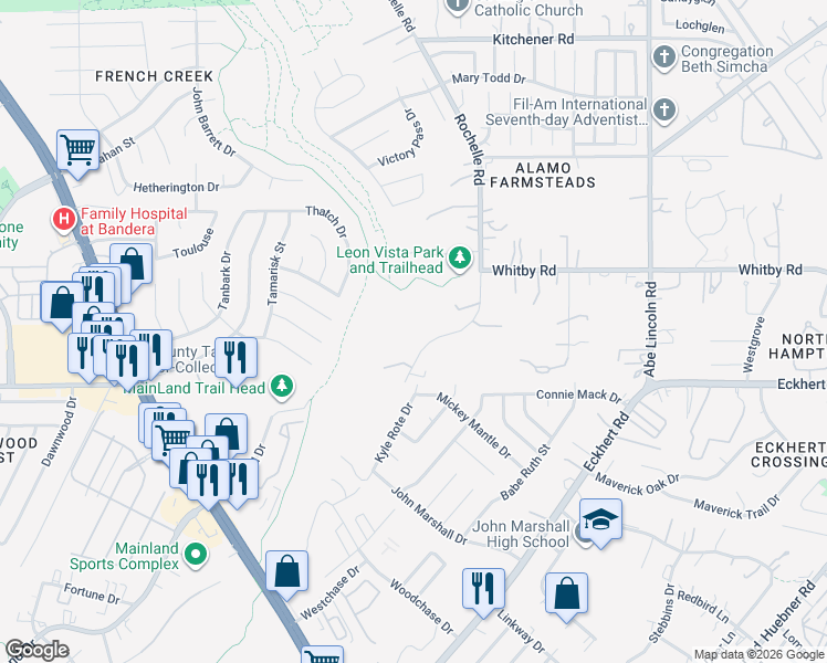 map of restaurants, bars, coffee shops, grocery stores, and more near 8443 Rochelle Road in San Antonio