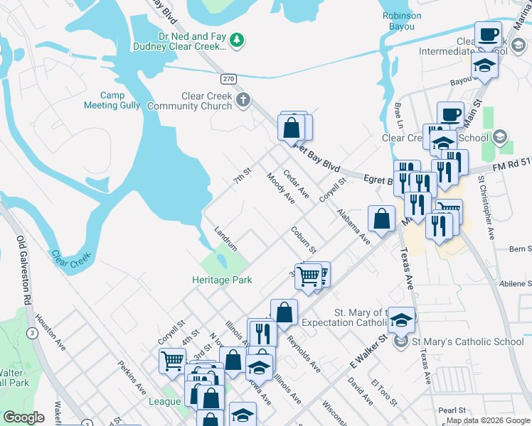 map of restaurants, bars, coffee shops, grocery stores, and more near 514 Rondel Road in League City