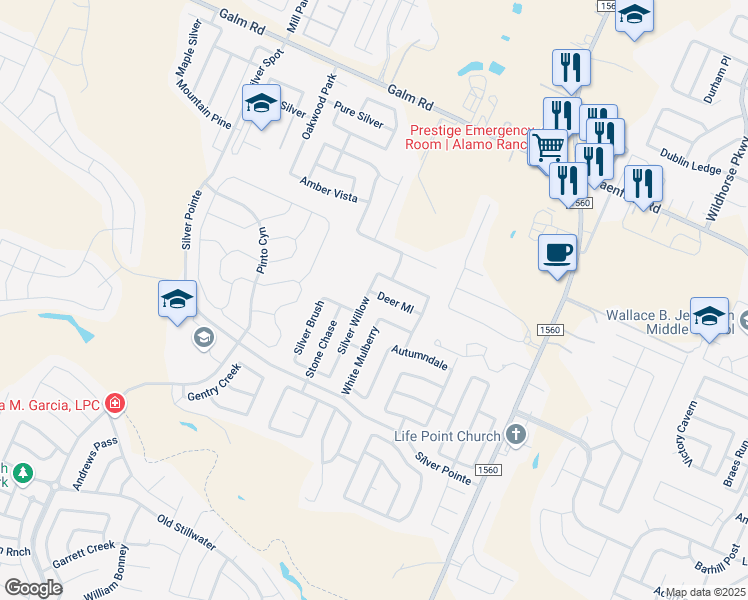 map of restaurants, bars, coffee shops, grocery stores, and more near 11763 Deer Mill in San Antonio