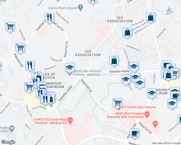 map of restaurants, bars, coffee shops, grocery stores, and more near Hamilton Wolfe Road & Cinnamon Hill Drive in San Antonio