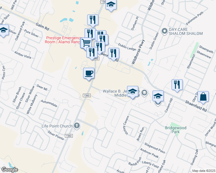 map of restaurants, bars, coffee shops, grocery stores, and more near 8650 Farm to Market Road 1560 in San Antonio