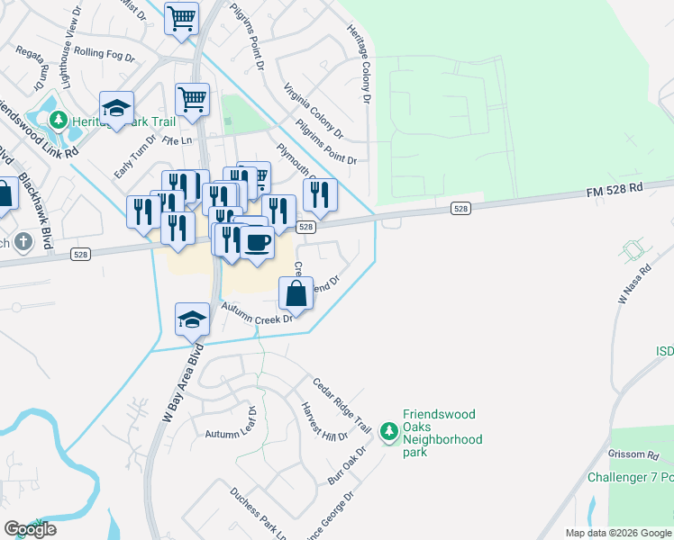 map of restaurants, bars, coffee shops, grocery stores, and more near 2811 Creek Bend Drive in Friendswood