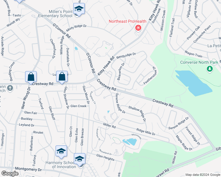 map of restaurants, bars, coffee shops, grocery stores, and more near 7345 Crestway Road in Converse