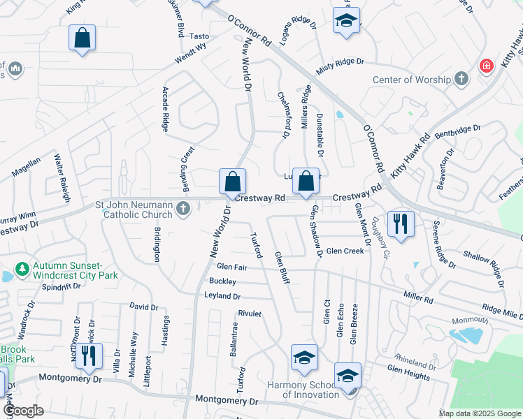 map of restaurants, bars, coffee shops, grocery stores, and more near 6925 Crestway Road in San Antonio
