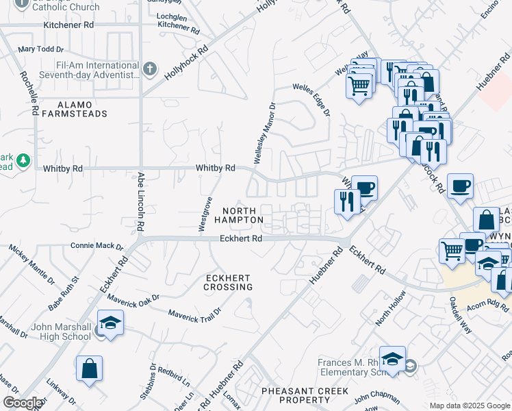 map of restaurants, bars, coffee shops, grocery stores, and more near 8502 Sir Lancelot in San Antonio