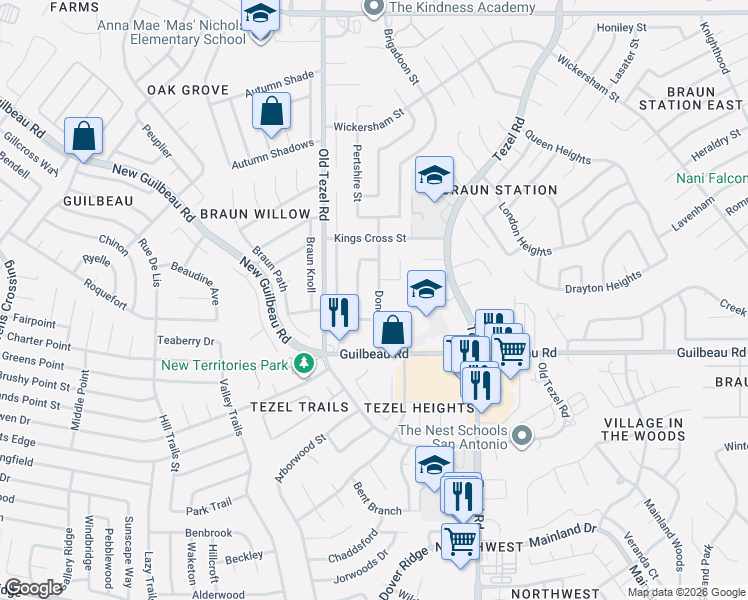 map of restaurants, bars, coffee shops, grocery stores, and more near 8559 Donegal Street in San Antonio