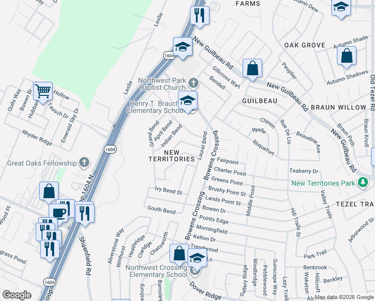 map of restaurants, bars, coffee shops, grocery stores, and more near 9622 Fountain Bend in San Antonio