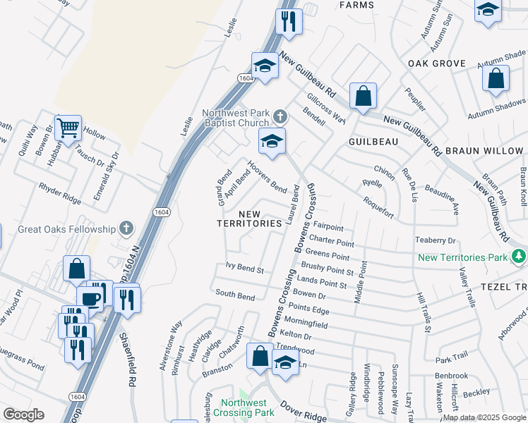 map of restaurants, bars, coffee shops, grocery stores, and more near 9622 Fountain Bend in San Antonio