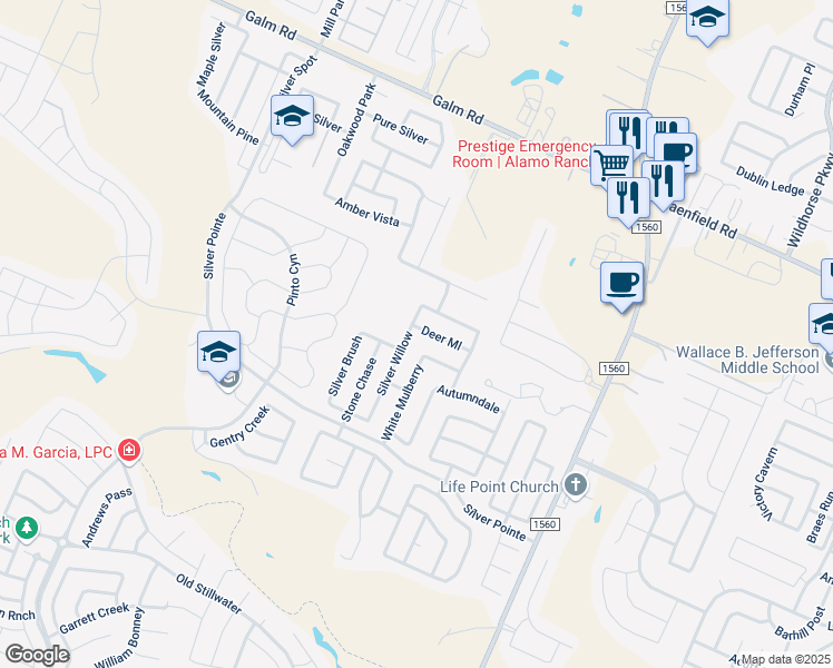 map of restaurants, bars, coffee shops, grocery stores, and more near 11763 Deer Mill in San Antonio