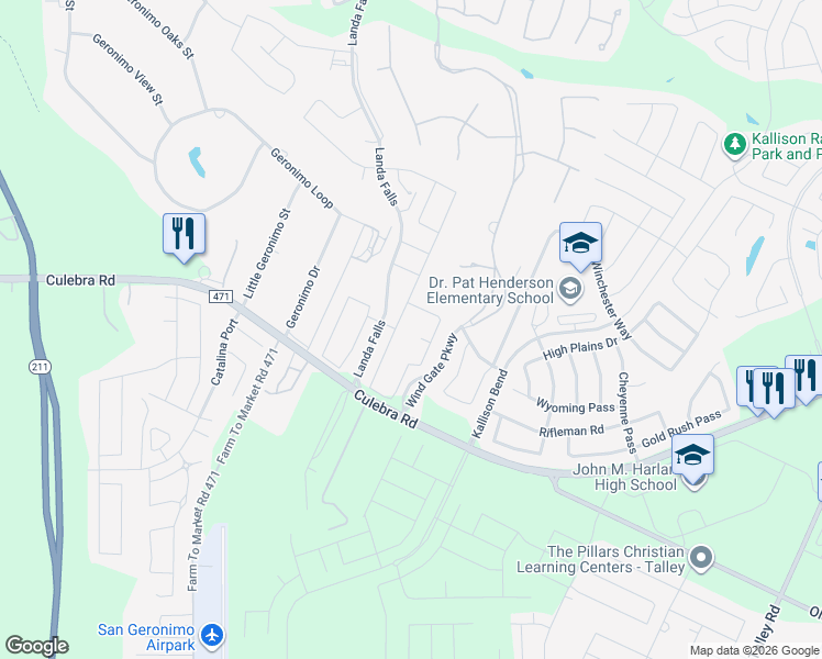 map of restaurants, bars, coffee shops, grocery stores, and more near 8511 Lamus Wheel in San Antonio
