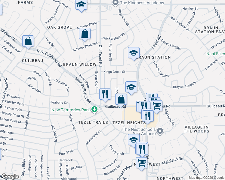 map of restaurants, bars, coffee shops, grocery stores, and more near 8559 Donegal Street in San Antonio
