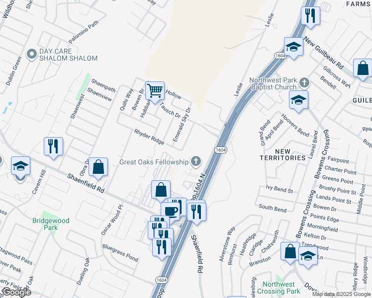 map of restaurants, bars, coffee shops, grocery stores, and more near 8726 Fischer Falls in San Antonio