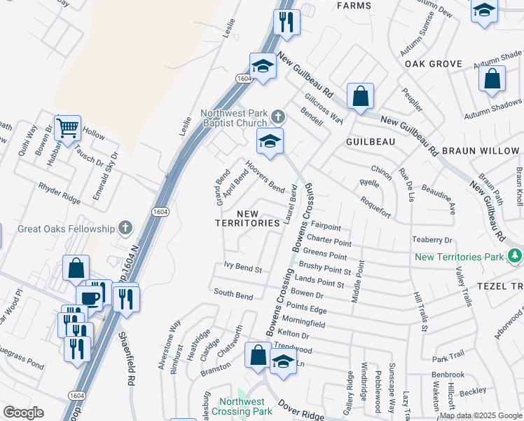 map of restaurants, bars, coffee shops, grocery stores, and more near 9622 Fountain Bend in San Antonio