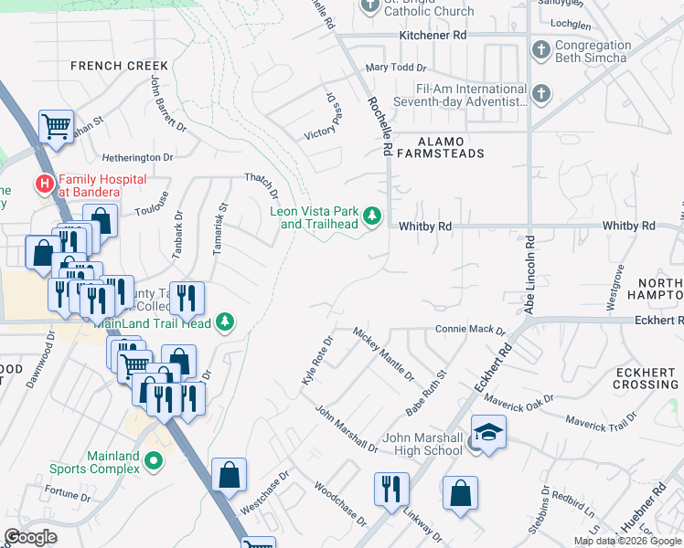 map of restaurants, bars, coffee shops, grocery stores, and more near 8443 Rochelle Street in San Antonio