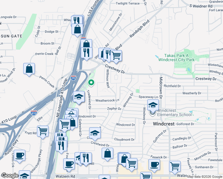 map of restaurants, bars, coffee shops, grocery stores, and more near 8842 Willmon Way in San Antonio