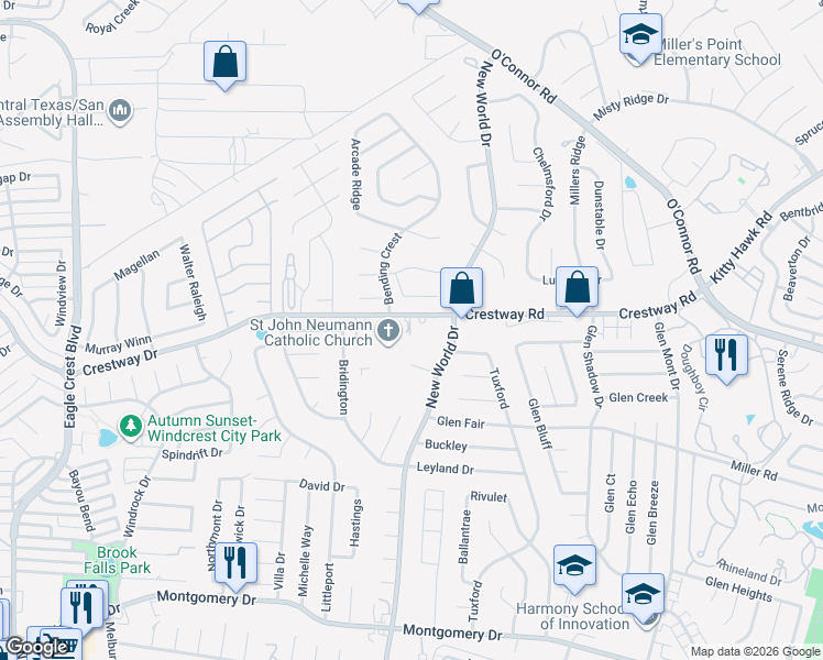 map of restaurants, bars, coffee shops, grocery stores, and more near 6766 Crestway Drive in San Antonio