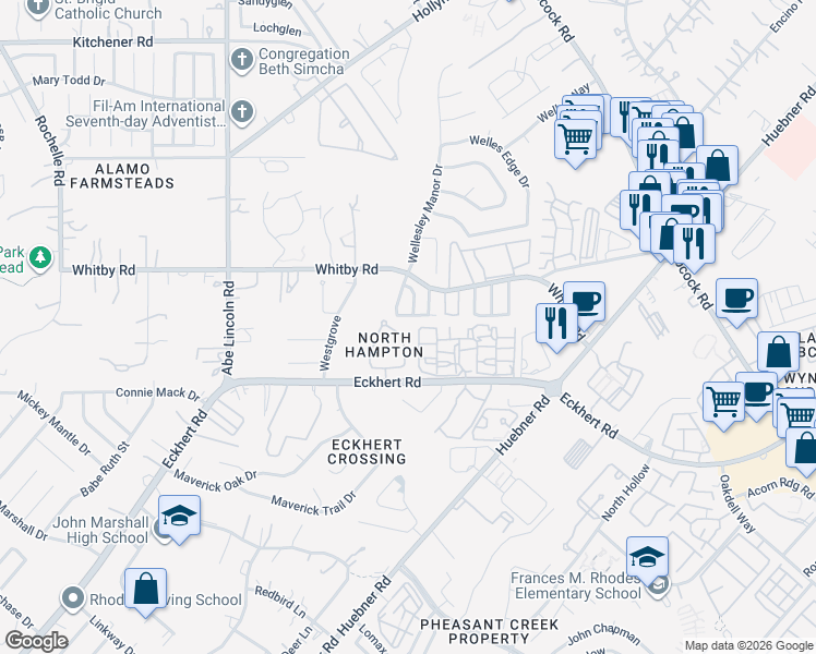 map of restaurants, bars, coffee shops, grocery stores, and more near 8502 Sir Lancelot in San Antonio