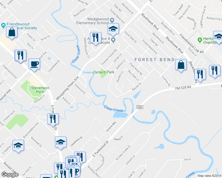 map of restaurants, bars, coffee shops, grocery stores, and more near 16911 Creek Line Drive in Friendswood