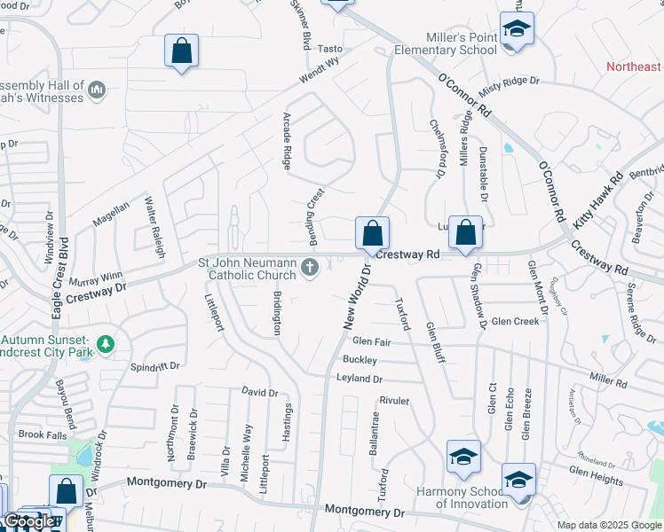 map of restaurants, bars, coffee shops, grocery stores, and more near 6766 Crestway Drive in San Antonio