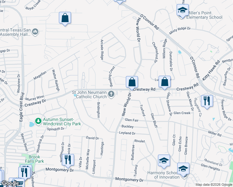 map of restaurants, bars, coffee shops, grocery stores, and more near 6766 Crestway Drive in San Antonio