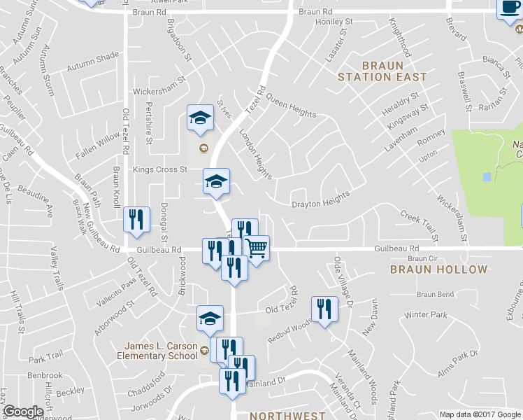 map of restaurants, bars, coffee shops, grocery stores, and more near 8500 Colchester in San Antonio