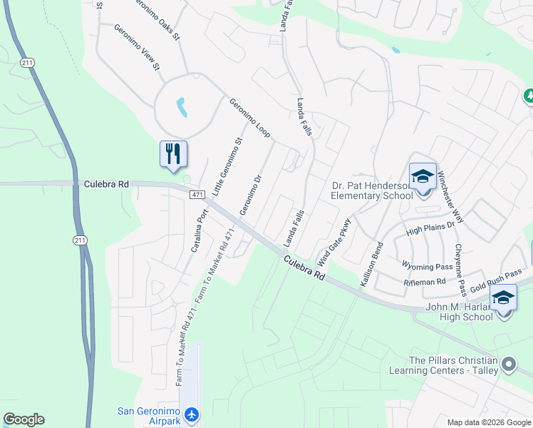 map of restaurants, bars, coffee shops, grocery stores, and more near 8539 Laxey Wheel in San Antonio