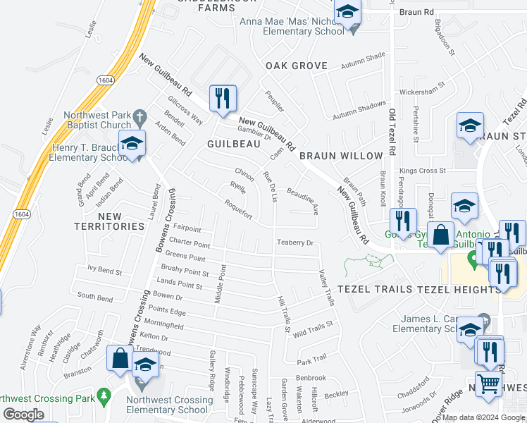 map of restaurants, bars, coffee shops, grocery stores, and more near 9014 Chinon in San Antonio