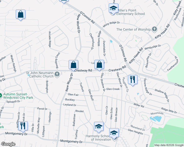 map of restaurants, bars, coffee shops, grocery stores, and more near 6975 Crestway Road in San Antonio