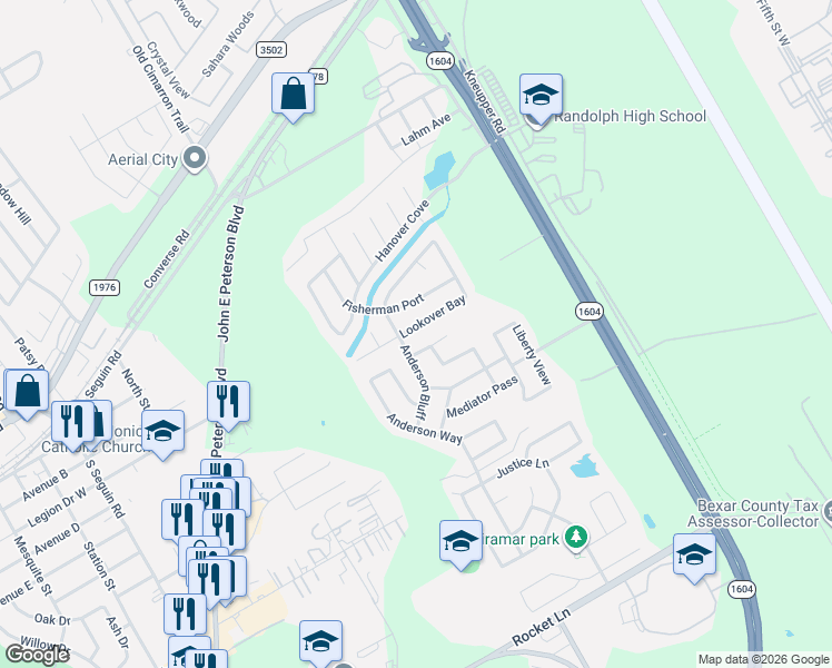 map of restaurants, bars, coffee shops, grocery stores, and more near 9306 Hanover Sky in Converse