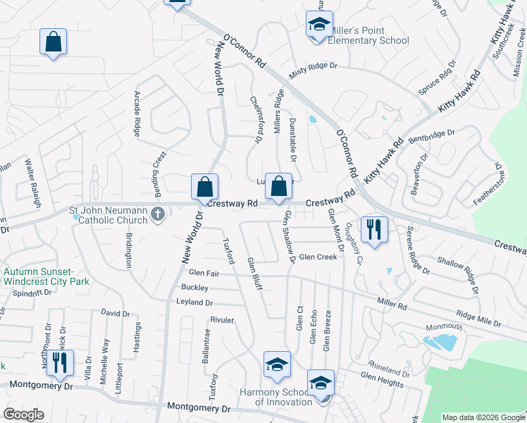 map of restaurants, bars, coffee shops, grocery stores, and more near 6975 Crestway Road in San Antonio