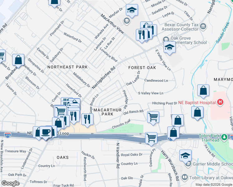 map of restaurants, bars, coffee shops, grocery stores, and more near 8815 Oak Ledge Drive in San Antonio