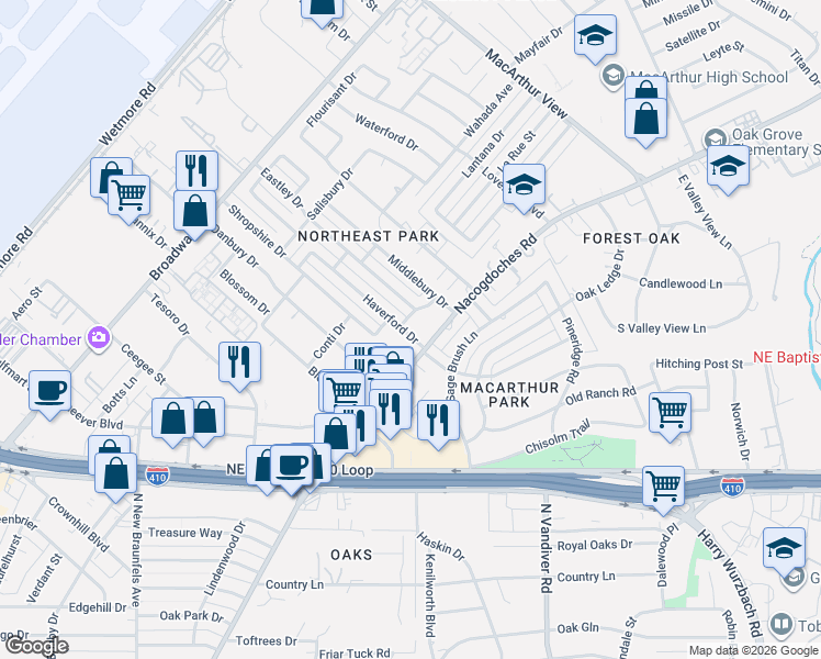 map of restaurants, bars, coffee shops, grocery stores, and more near 110 Westchester Drive in San Antonio