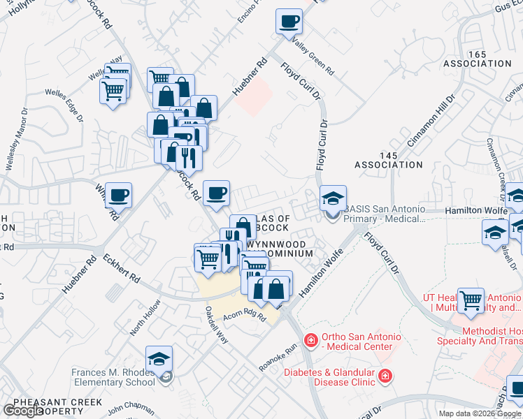 map of restaurants, bars, coffee shops, grocery stores, and more near 98 McLennan Oak in San Antonio