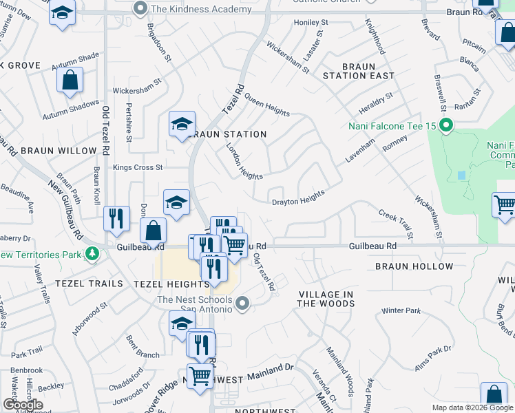 map of restaurants, bars, coffee shops, grocery stores, and more near 8914 Drayton Heights in San Antonio