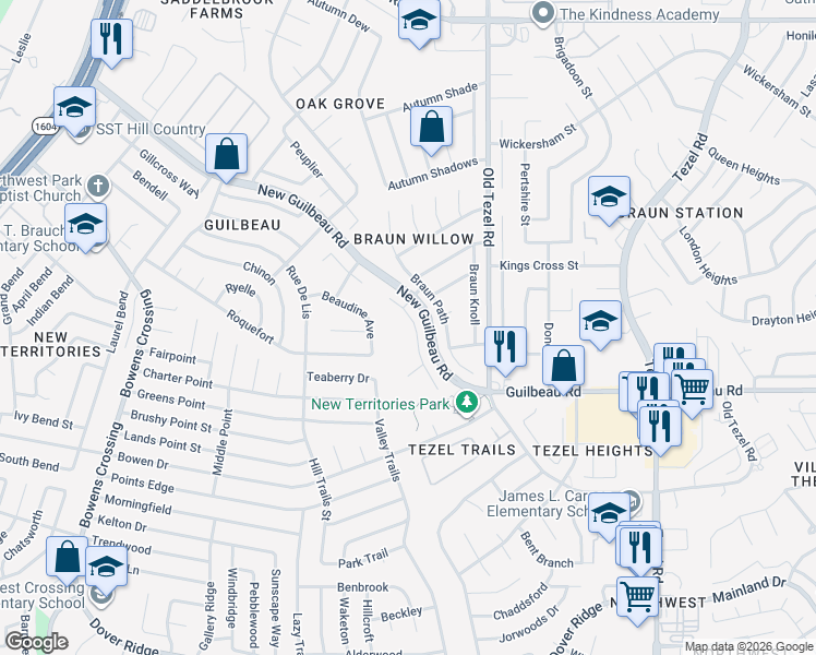 map of restaurants, bars, coffee shops, grocery stores, and more near 8434 Braun Walk in San Antonio