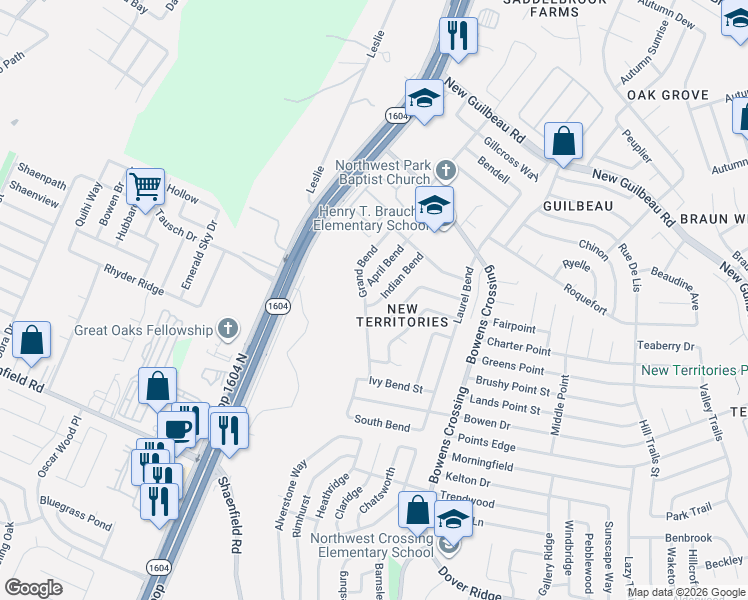 map of restaurants, bars, coffee shops, grocery stores, and more near 8125 Grand Bend in San Antonio