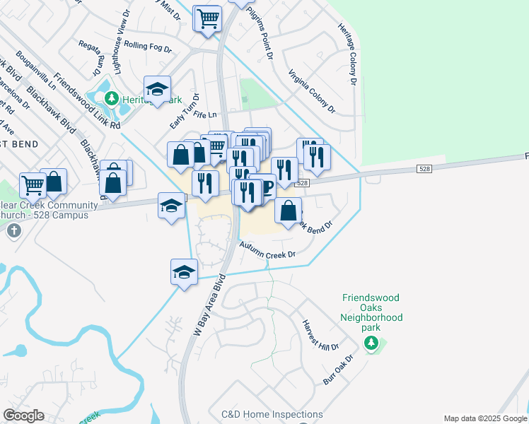 map of restaurants, bars, coffee shops, grocery stores, and more near 3135 FM 528 Road in Friendswood
